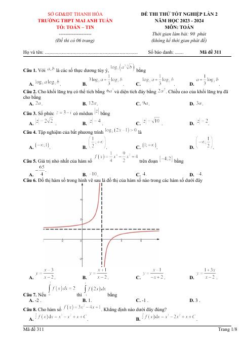 Đề thi thử Toán tốt nghiệp THPT 2024 lần 2 trường THPT Mai Anh Tuấn – Thanh Hóa (bản Word)